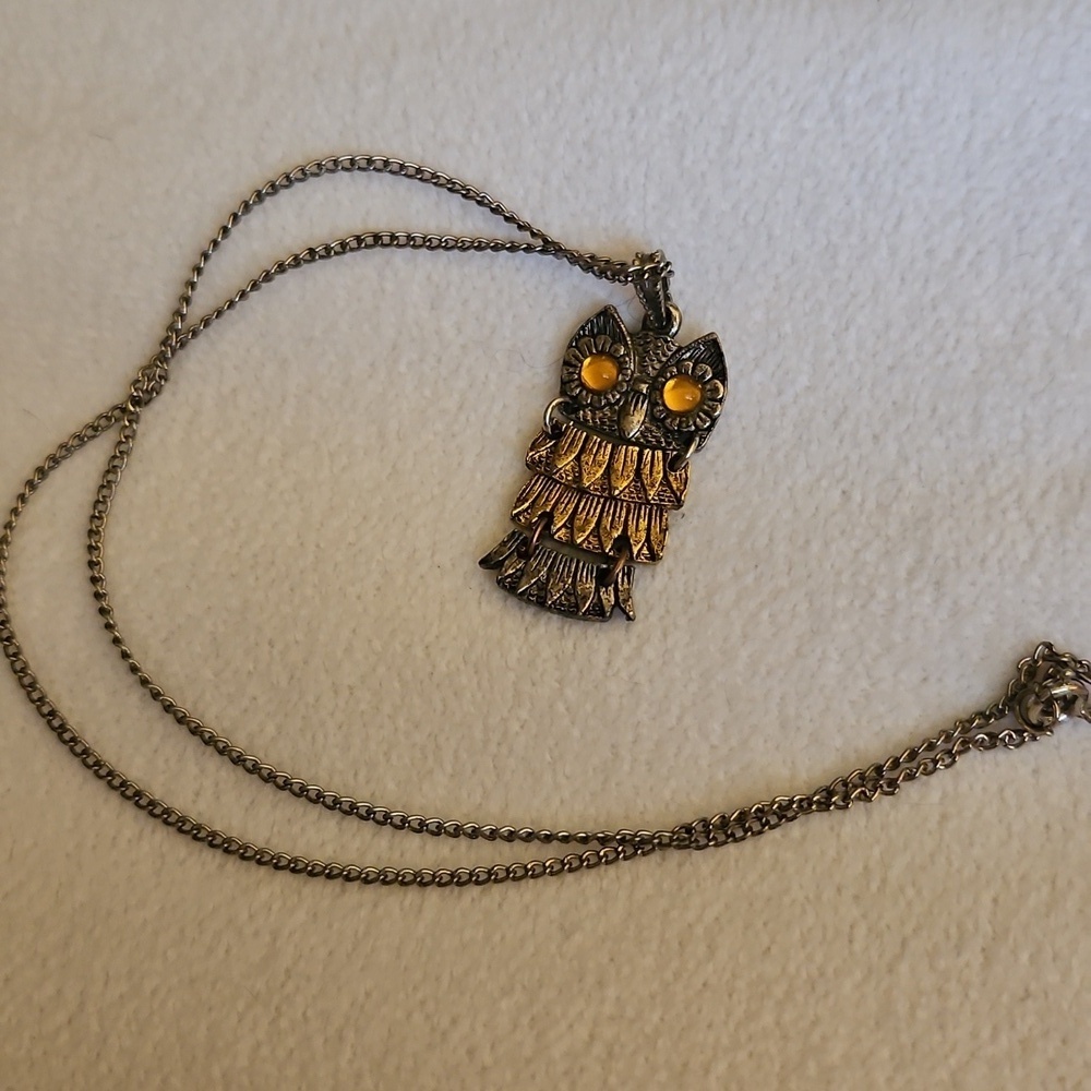 Vintage Jointed Mixed Metal Owl Pendant Chain Necklace - Picture 2 of 6